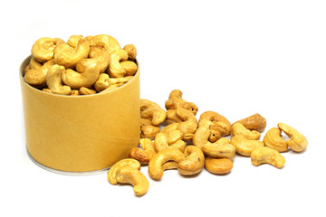 Cashew nut in brown box isolated white background - healthy food concept with copy space 
