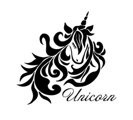 Unicorn drawing is a tattoo abstraction. Vector illustration
