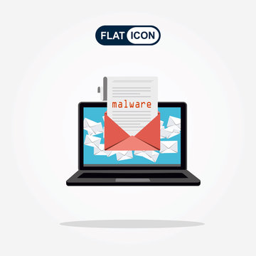 Concept of virus, piracy, hacking and security. Envelope with walware in iaptop. Website banner of e-mail protection, anti-malware software. Flat vector illustration.