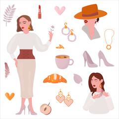 Vector graphics. Adorable, fashionable illustration of girls, accessories. Women's accessories set. 