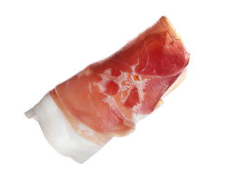 Roll of tasty prosciutto isolated on white