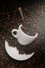 white coffee cup lies in roasted coffee beans of the highest standard