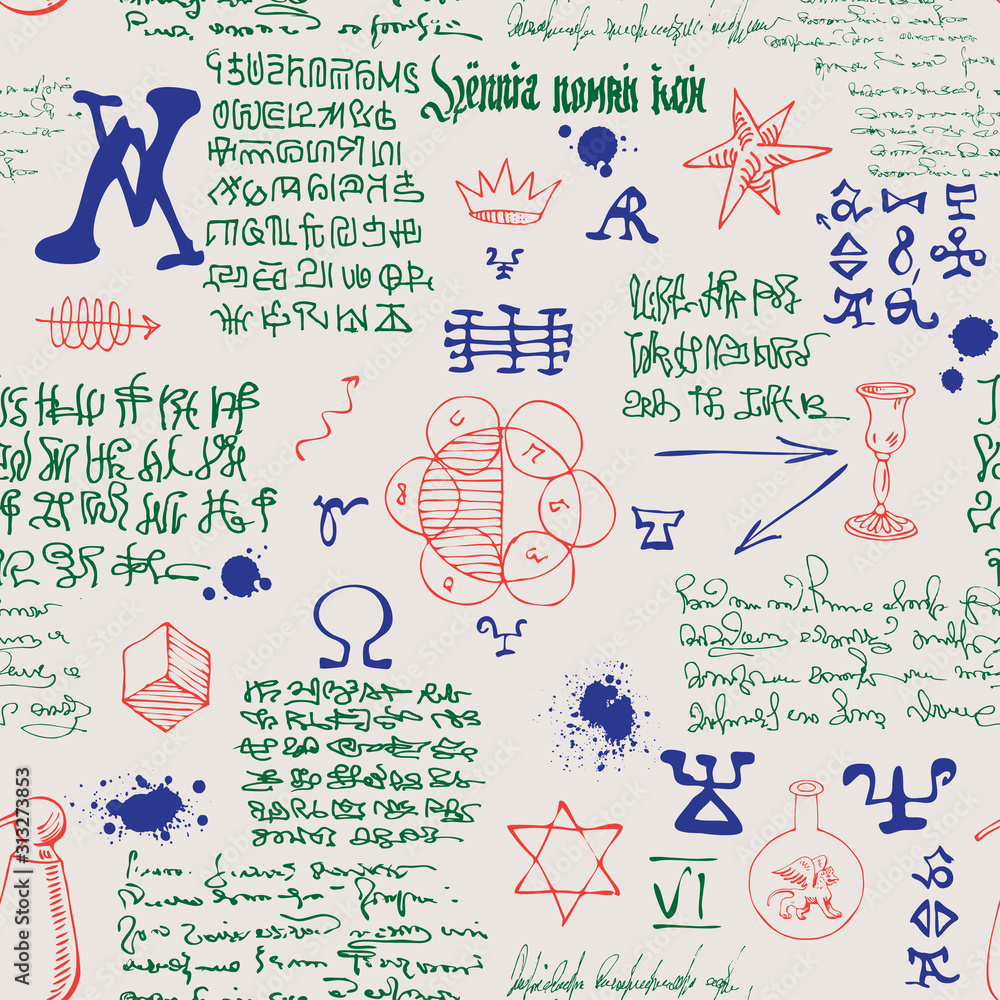 Poster vector image of a seamless texture in the form of an alchemical formula with encrypted symbols in th