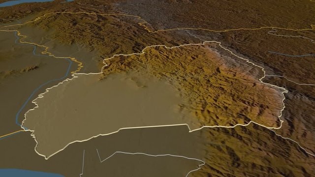 Bubanza, province with its capital, zoomed and extruded on the relief map of Burundi in the conformal Stereographic projection. Animation 3D