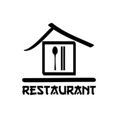 black and white simple restaurant logo and symbol with a Japanese or Chinese house with a spoon and chopsticks logo in the box