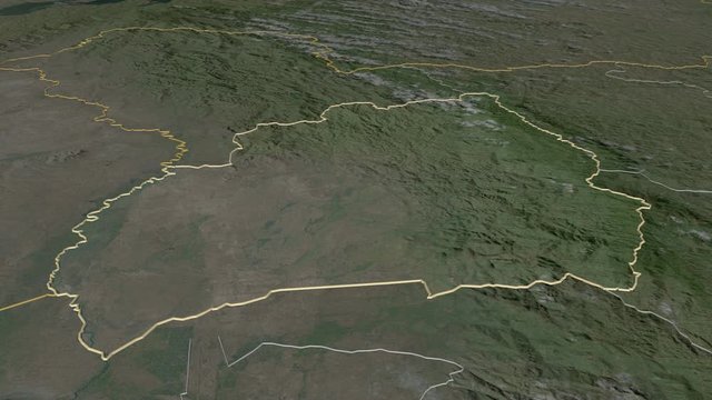 Bubanza, province with its capital, zoomed and extruded on the satellite map of Burundi in the conformal Stereographic projection. Animation 3D