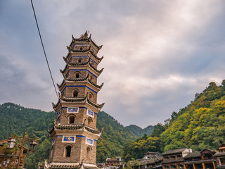 Chinese Pagoda with Scenery view of fenghuang old town .phoenix ancient town or Fenghuang County is a county of Hunan Province, China