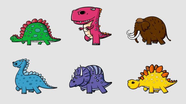 Cartoon five dinosaurs and mammoth walking cycle. Alpha matte included. Cute 2d hand made prehistoric colour cute animals character animation with black outline. Ice age and before jurassic creatures.
