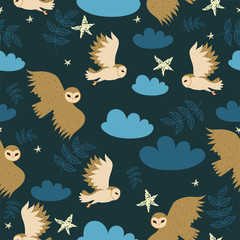 Fototapeta premium Seamless pattern with barn owls, stars and clouds. Vector graphics.