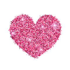 Decorative rose gold glitter shiny heart isolated on white. Pink glossy sparkles shape. Vector illustration for tag, flyer, web, banner, advert, sale, sticker, wedding, Valentines greeting card