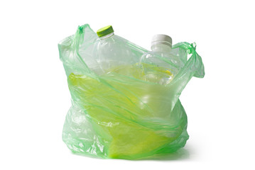plastic bottle and  plastic bag on white background.