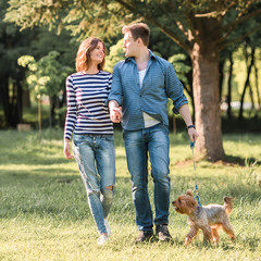 Naklejka na ściany i meble Lifestyle, happy couple of two walk on a sunny day in the park with a dog