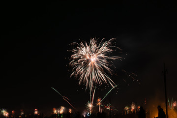 2020 New Year colorful fireworks exploding on the sky above Lacul Morii Lake, Bucharest, Romania - 1/1/2020