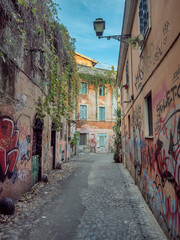 Small narrow streets in Trastevere, Rome Italy