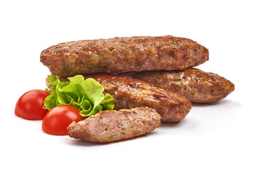 Fried english breakfast sausages, isolated on white background