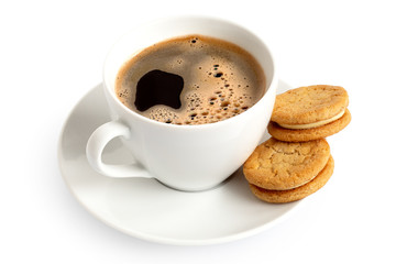 Cup of black coffee with biscuits.