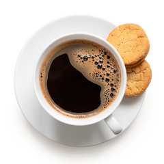 Cup of black coffee with biscuits.