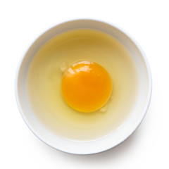 Broken egg in a bowl.