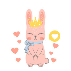 Cute rabbit with crown, bow tie. Cartoon vector illustration for t-shirt graphics, fashion prints and other uses