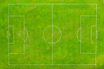 Aerial shot Football pitch looking directly down over it in a birdseye view in December 2019