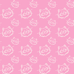 Seamless cute cat pattern in cartoon style. Template for print design. Wallpaper texture. Seamless background pattern.  Color in the image: pink, white