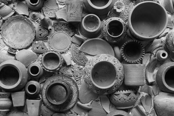 Closeup Pottery thai or brown Earthenware texture background - traditional style  - Black and white patterns