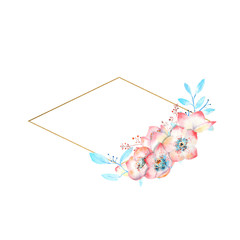 Pink hellebore flowers in diamond-shaped Golden shape on white isolated background. Watercolor compositions for decoration of greeting cards or invitations.