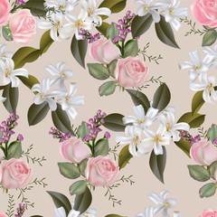 Pink roses and Sampaguita Jasmine bouquet seamless pattern vector illustration