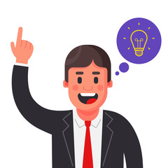 a brilliant idea came to a man in a suit. raise your hand up. flat character vector illustration