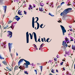 A Valentine's day postcard with a pattern of watercolor bunnies and florals and a phrase Be Mine in a pink circle and two bunnies in the center