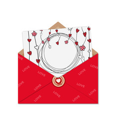 Doodle style greeting card with romantic hearts and empty space for your text in a red open envelope. Happy Valentine's Day