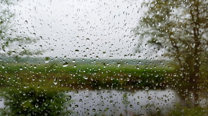 Regentropfen auf Fensterscheibe Blick in grüne Landschaft