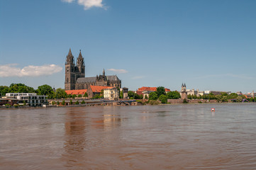 Huge flooding of Elbe river in downtown of Magdeburg, city center, Magdeburg, Germany, in June of...
