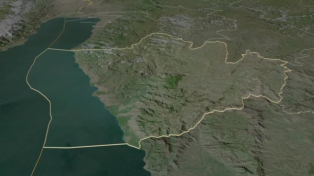 Bururi, province with its capital, zoomed and extruded on the satellite map of Burundi in the conformal Stereographic projection. Animation 3D