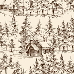 Wooden lodge in the pine forest. Idyllic landscape, holidays retreat seamless pattern