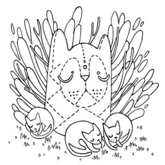 Сat worship stone. It is shape of a cat's head. White cats are sleeping near to the stone. Behind a stone bush.