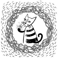 Minimalistic graphics. Decorative frame of interwoven plants. Tabby cat and little moth In the center of frame.