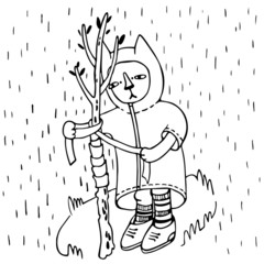 Minimalistic graphics. Furry art. Kitten bandages the trunk of a young tree. Kitten dressed in a warm coat and boots. 