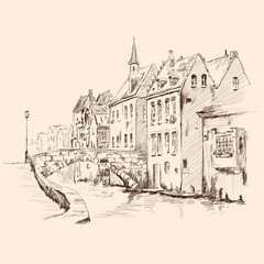 Scenery of the old city of Venice. Ancient buildings, a water channel. Pencil sketch.