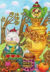 Obraz premium White cat drinks tea from a samovar. Drawing in ink and colored pencils. Cute illustration for the decor and design of posters, postcards, prints, stickers, invitations, textiles and stationery.