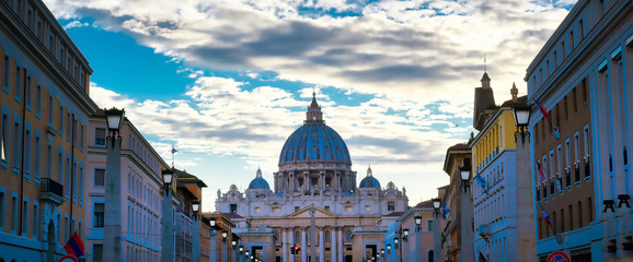 St. Peter's Basilica and St. Peter's Square located in Vatican City near Rome, Italy.