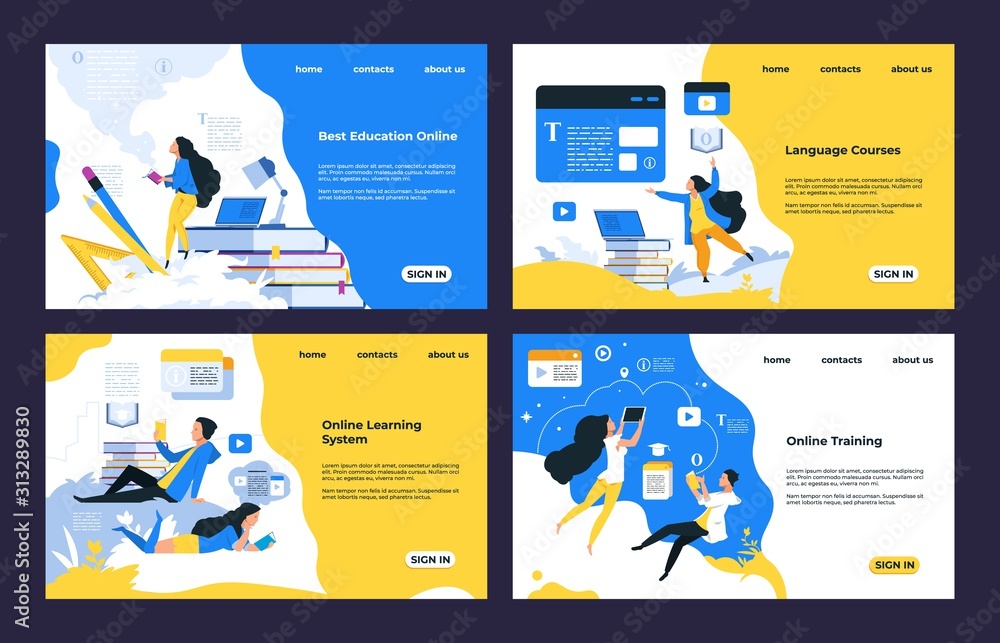 Poster online training landing page. video tutorials, training courses, online library and education, landi