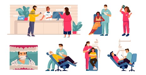 Dentist and patient. Cartoon scenes with tooth care, man in dental chair, mouth checkup and examination. Vector dentistry work concept with illustrated dental hospital
