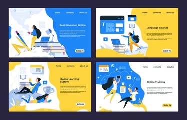 Obraz na płótnie Canvas Online training landing page. Video tutorials, training courses, online library and education, landing page design. Vector web pages modern learning people knowledge
