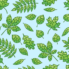 Fototapeta na wymiar Seamless pattern of spring green leaves on a blue background