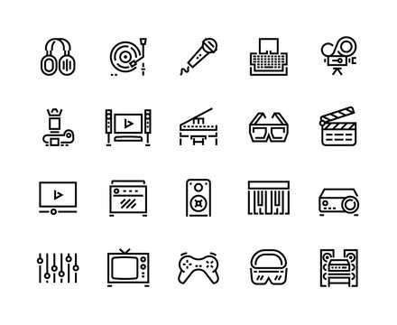 Media line icons. Technology and multimedia devices, filmmaking editing and watching, playing and listening to music. Vector set musical icon with microphone, headphones, piano, camera, radio