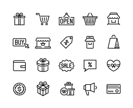 Shopping line icons. Online store and e-commerce symbols, mobile shopping and digital marketing. Vector illustrated outlines labels shop bag, basket and gift set store mobile pictogram