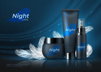 Night cosmetic background. Beauty skin care product, night cream on dark night backdrop with black feathers. Vector luxury cosmetic template on dark background for advertising brand