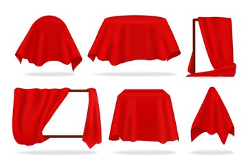 Red silk cover. Realistic covered objects with cloth draped or reveal curtain, red napkin or tablecloth. Vector 3D isolated illustration set covering to be revealed shape object on white background