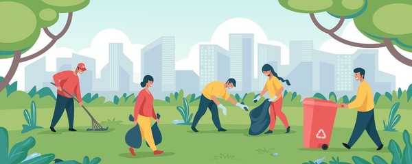 Volunteers clean garbage. Happy people community collecting trash at park territory or forest. Vector cartoon characters volunteering together clean street and forest from rubbish